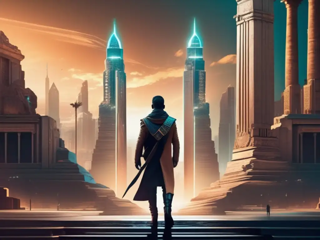 En la imagen se muestra una impactante obra de arte digital moderna con una figura en la encrucijada entre ruinas antiguas y una ciudad futurista