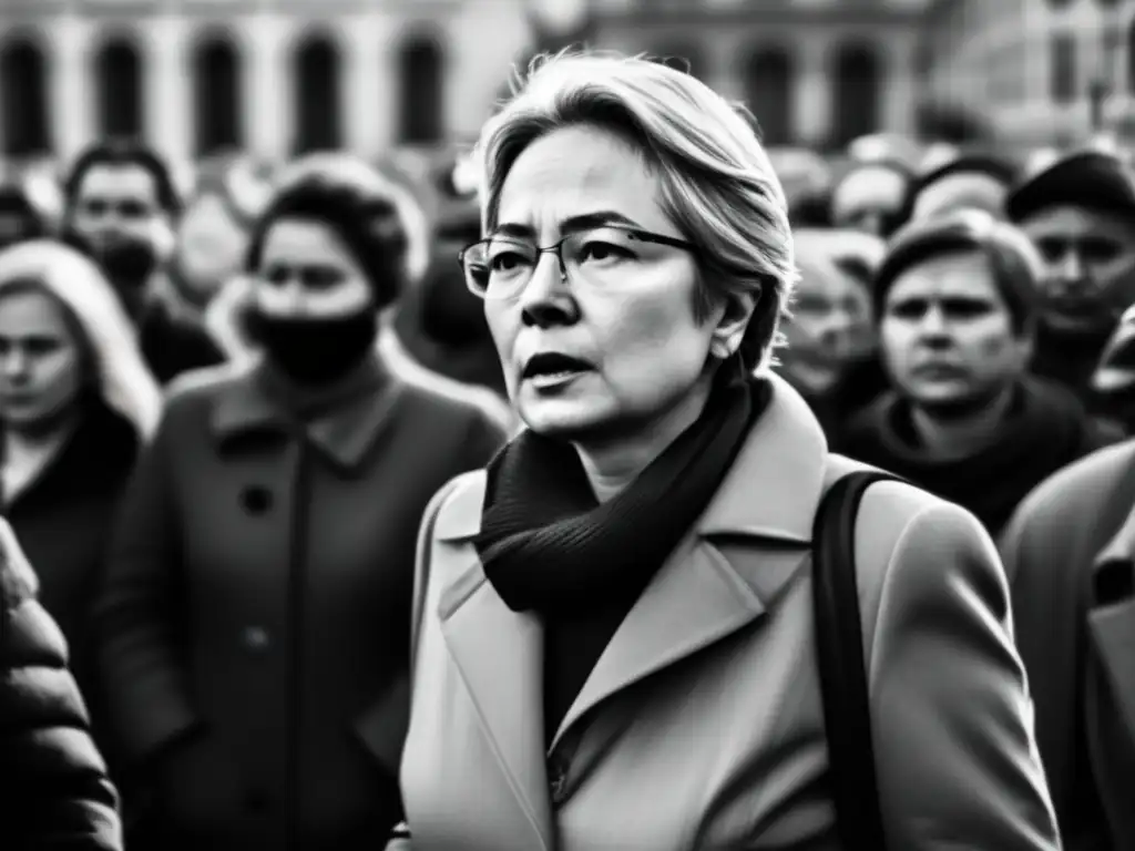 Una imagen impactante de Anna Politkovskaya, periodista rusa, rodeada de manifestantes con determinación