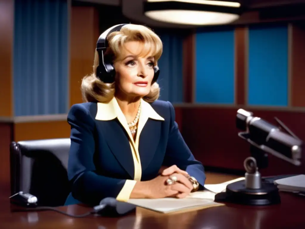 Una imagen impactante de Barbara Walters, icónica periodista televisiva, conduciendo una entrevista con determinación en un estudio de noticias