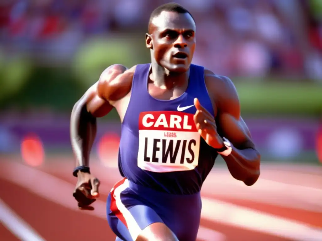Una imagen impactante de Carl Lewis corriendo en una pista, con determinación y fuerza