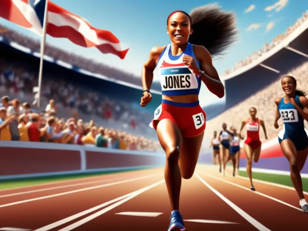 Una imagen impactante de Marion Jones corriendo en una pista, con determinación en su rostro, rodeada de espectadores y vistiendo su atuendo olímpico