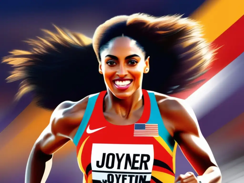 Una imagen impactante de Florence Griffith Joyner en plena carrera, con colores vibrantes y una iluminación dinámica que resalta su velocidad y poder