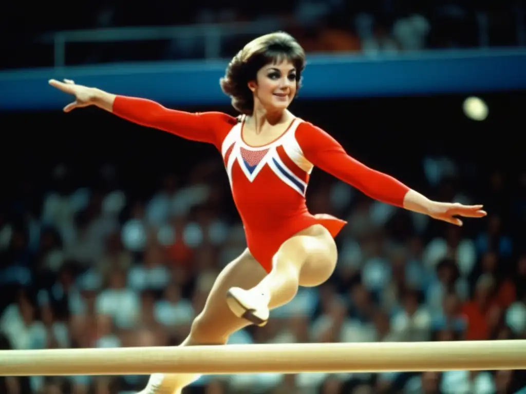 Una imagen impactante de Nadia Comăneci en plena rutina de equilibrio durante los Juegos Olímpicos de 1976