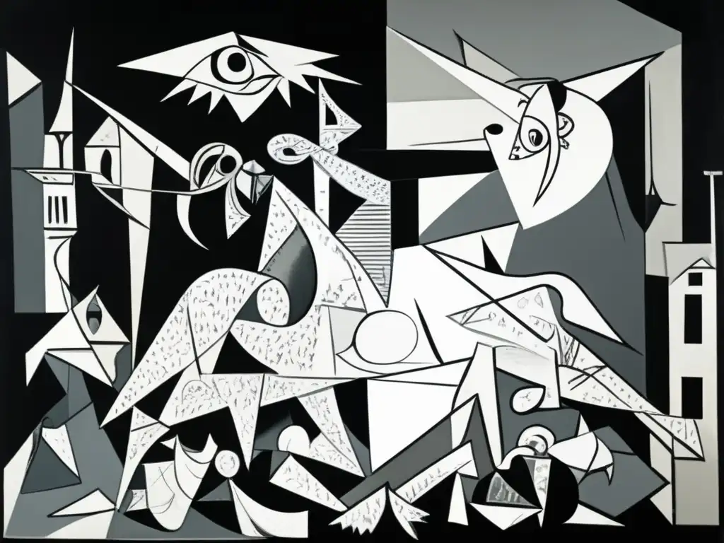 Una imagen impactante de 'Guernica' de Pablo Picasso, reflejando su protesta política a través del arte con detalles ultrarrealistas en blanco y negro