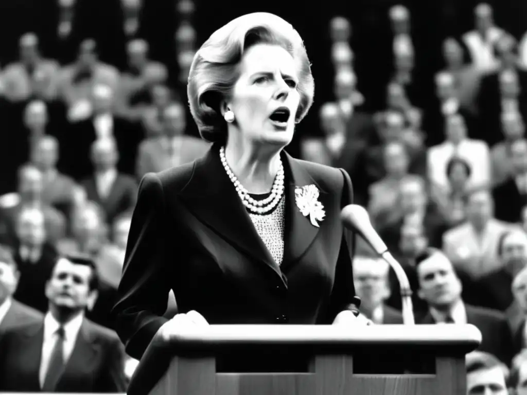 Una imagen impactante de Margaret Thatcher liderando una revolución conservadora, con determinación en sus ojos y rodeada de seguidores apasionados
