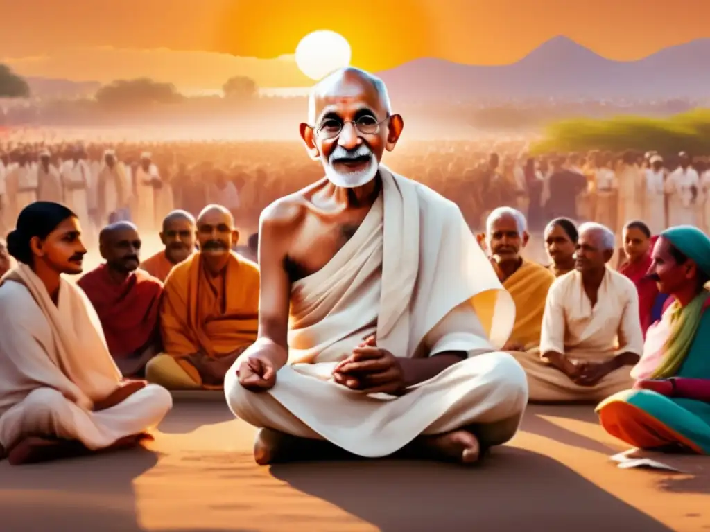 Una imagen impactante de Mahatma Gandhi liderando una revolución no violenta, rodeado de personas diversas en un paisaje vibrante y soleado