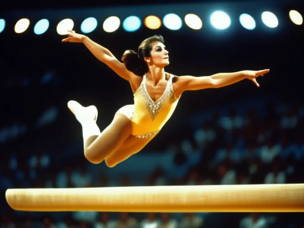 Una imagen impactante de Nadia Comăneci realizando una rutina impecable en la viga de equilibrio durante los Juegos Olímpicos de 1976