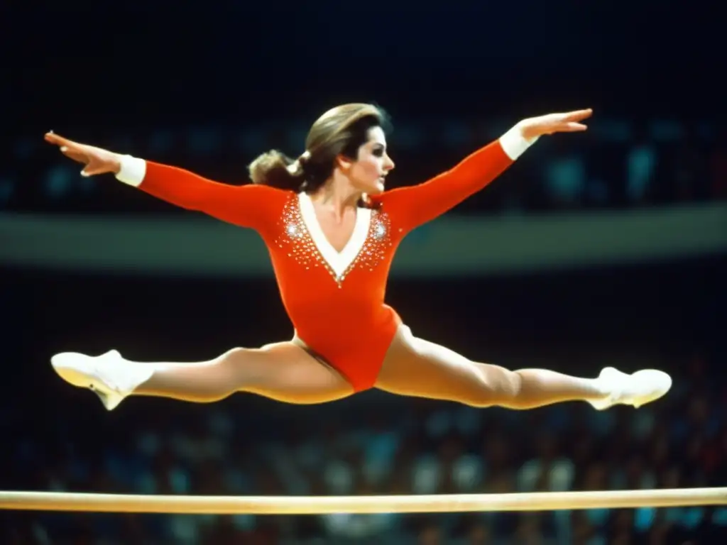 Una imagen impactante de Nadia Comăneci ejecutando una rutina perfecta en la viga de equilibrio durante los Juegos Olímpicos de Montreal 1976