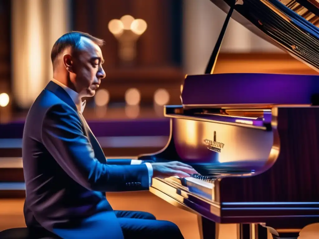 Una imagen impactante de Sergei Rachmaninoff interpretando el piano en un gran auditorio