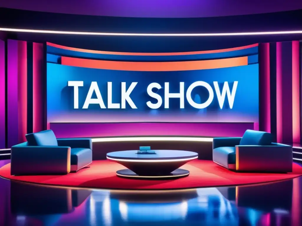 Una imagen impactante de un set de talk show moderno con mobiliario minimalista y un llamativo telón de fondo con el logo del programa