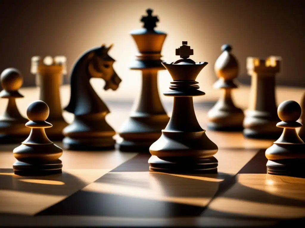 Una imagen impactante de un tablero de ajedrez con piezas talladas, iluminadas dramáticamente para transmitir tensión y estrategia