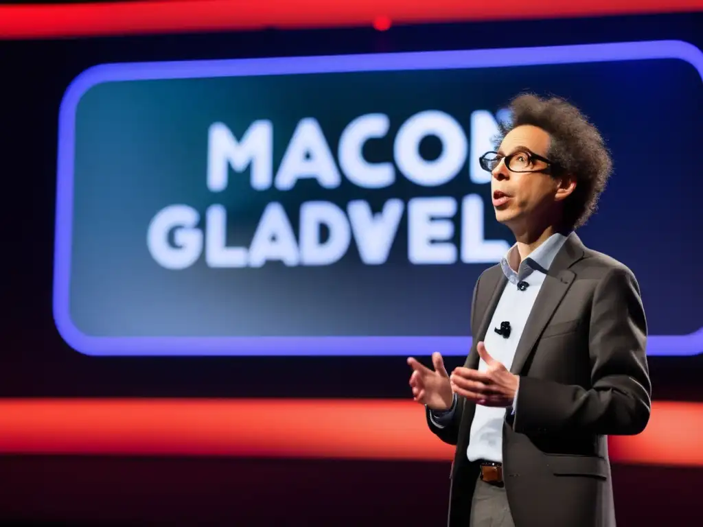 Una imagen impactante de Malcolm Gladwell hablando en un TED Talk, con iluminación dinámica y sombras dramáticas mientras gestiona con pasión