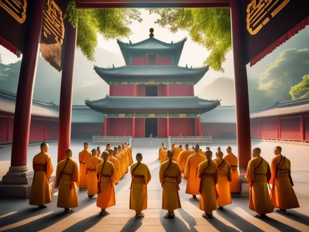 Una imagen impactante del Templo Shaolin en China, con su icónica estructura, exuberante vegetación y monjes en rituales matutinos