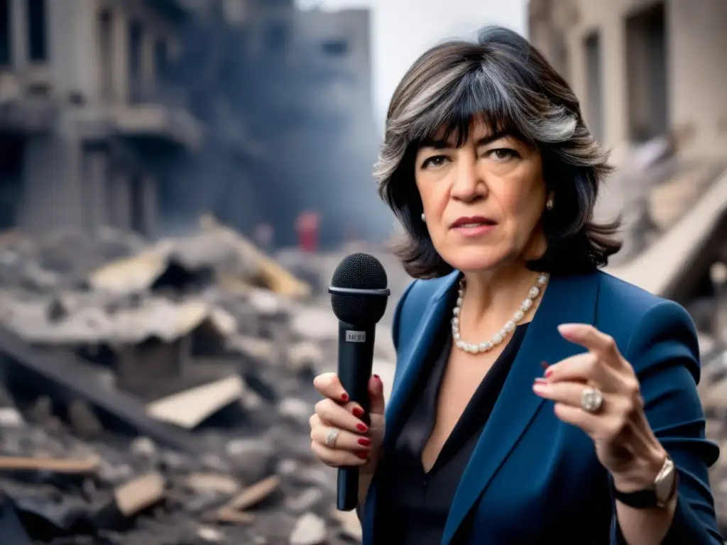 Una imagen impactante de Christiane Amanpour informando desde una zona de guerra, destacando su valentía y su legado periodismo sin fronteras