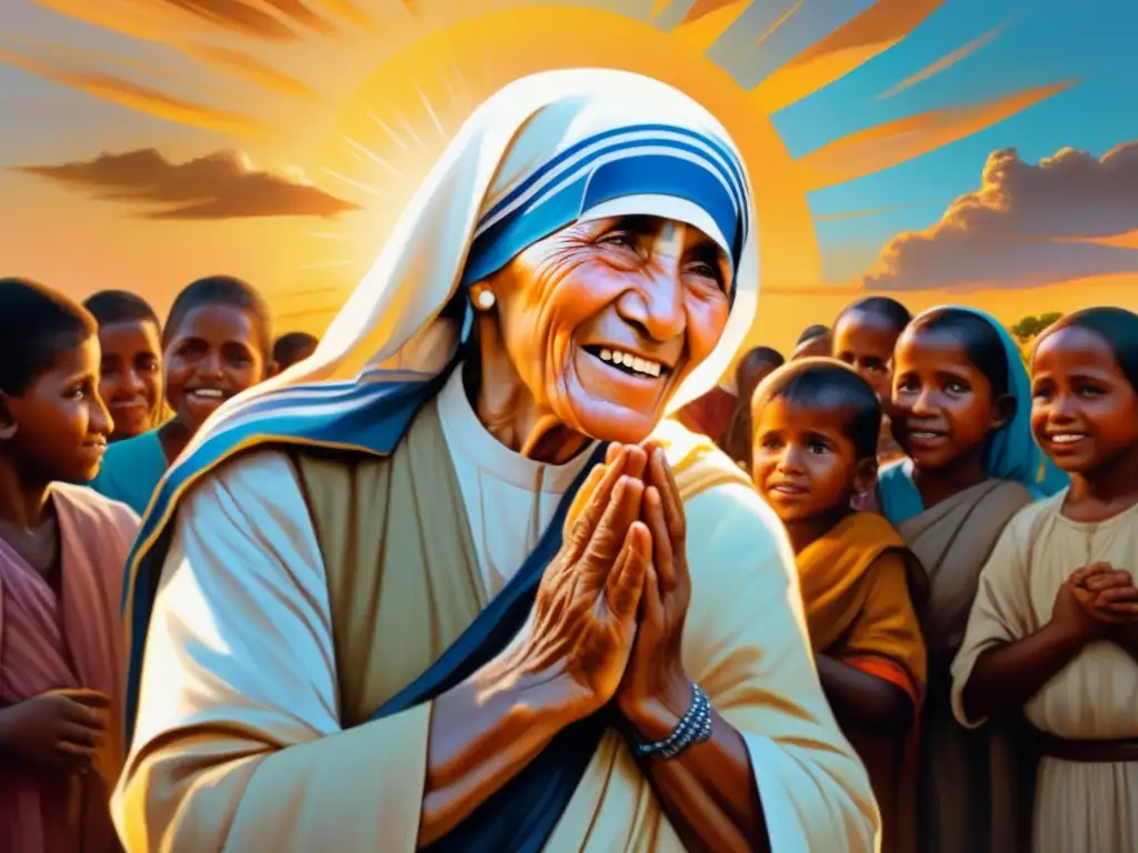 Luz de esperanza: Madre Teresa y su impacto humanitario Una imagen de alta resolución de Santa Teresa de Calcuta impacto caridad moderna, rodeada de personas necesitadas, con un aura cálida y compasiva