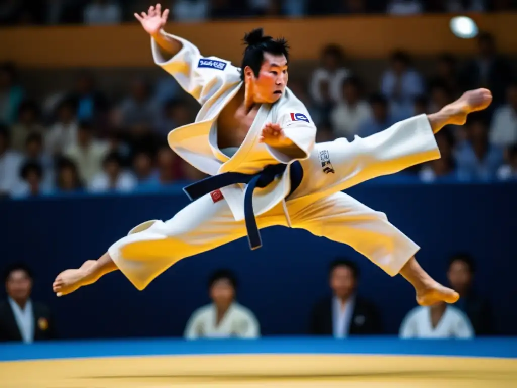 En la imagen, Yasuhiro Yamashita ejecuta un impecable lanzamiento de judo en una competición prestigiosa, con determinación en su rostro