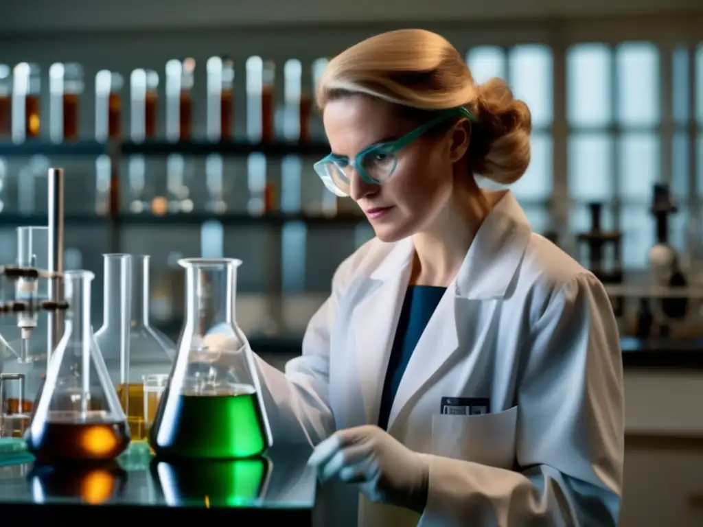 En la imagen se muestra la importancia de Dorothy Crowfoot Hodgkin, una joven científica dedicada y apasionada realizando un experimento químico en un laboratorio