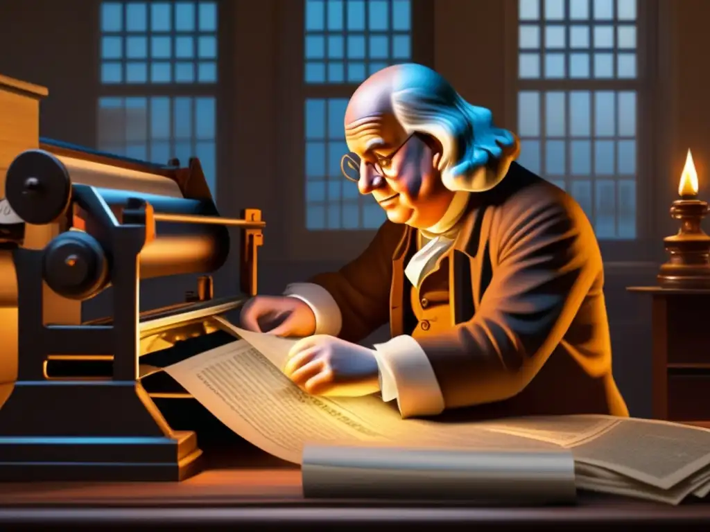 Imagen de alta resolución de Benjamin Franklin en una imprenta, creando tipografía para un periódico
