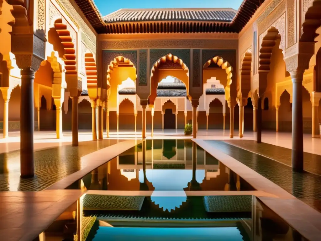 Una imagen impresionante de la antigua Alhambra en Granada, España, con su arquitectura morisca detallada y reflejos serenos