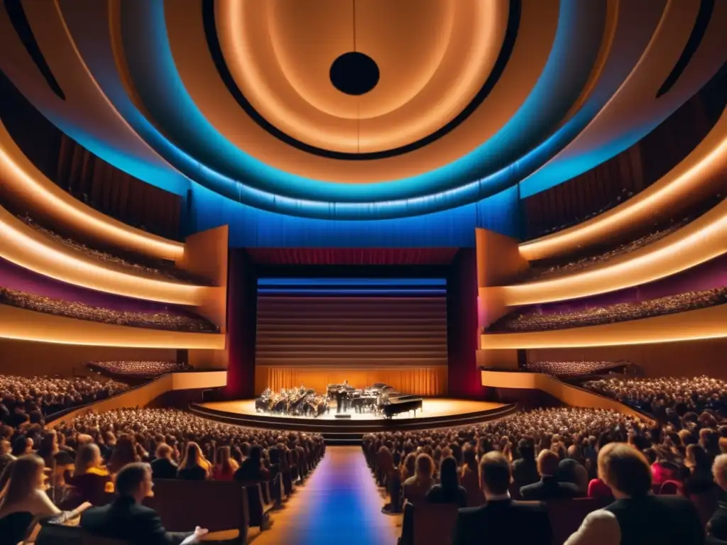 La imagen muestra un impresionante concierto en una sala moderna, con músicos interpretando una emotiva pieza orquestal en un escenario iluminado por colores vibrantes