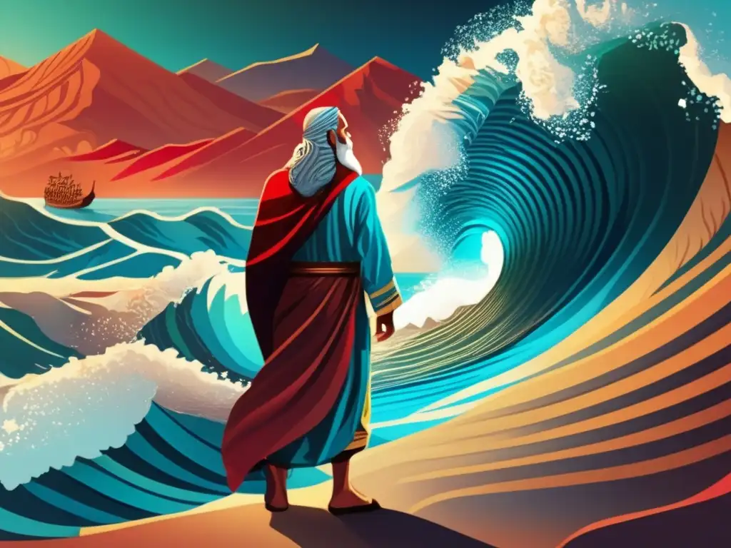Éxodo épico: Moisés en el Mar Rojo La imagen muestra una impresionante representación digital de Moisés en el Mar Rojo, con detalles intrincados y una iluminación dramática