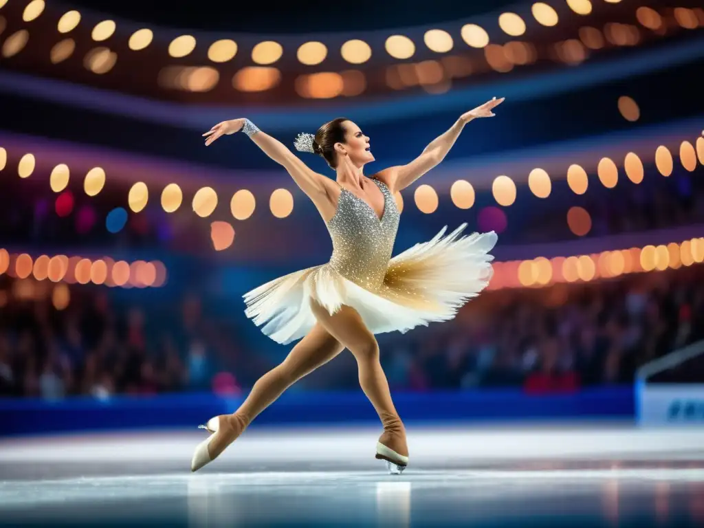 Una imagen en 8k de Katarina Witt realizando una impresionante y elegante rutina de baile sobre hielo, capturando su pasión y dedicación