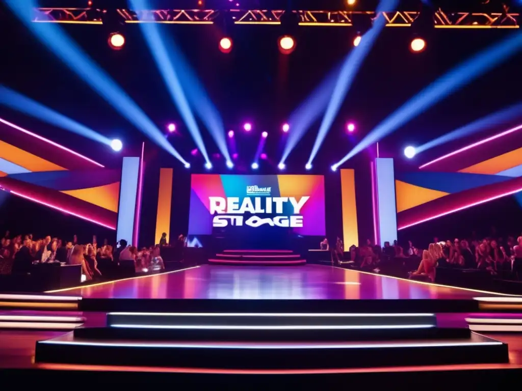 En la imagen se muestra un impresionante escenario de reality show con luces dramáticas y concursantes compitiendo por la fama