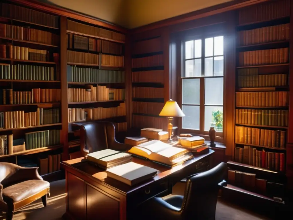 Una imagen impresionante del estudio de Bertrand Russell, con luz solar iluminando el desordenado escritorio, lleno de papeles, libros e instrumentos de escritura