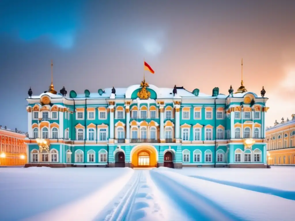 Una imagen impresionante del histórico Palacio de Invierno en San Petersburgo, Rusia, durante una nevada