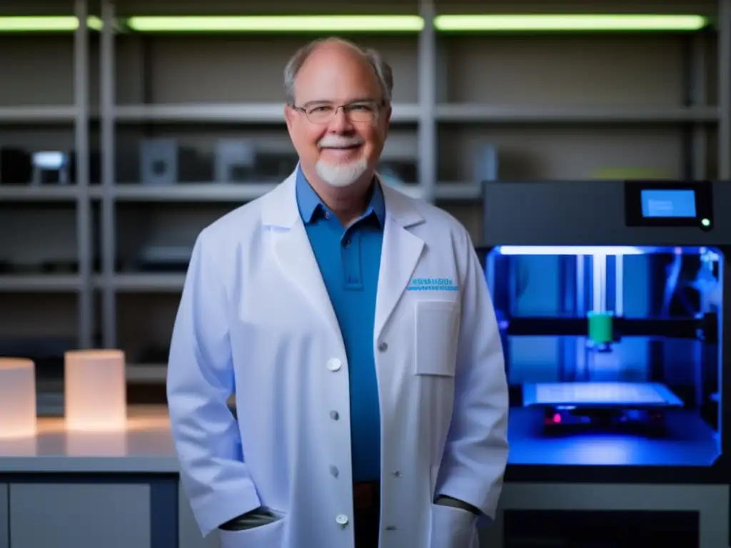 En la imagen, Chuck Hull examina una impresionante impresora 3D mientras sostiene un prototipo, rodeado de innovación y tecnología
