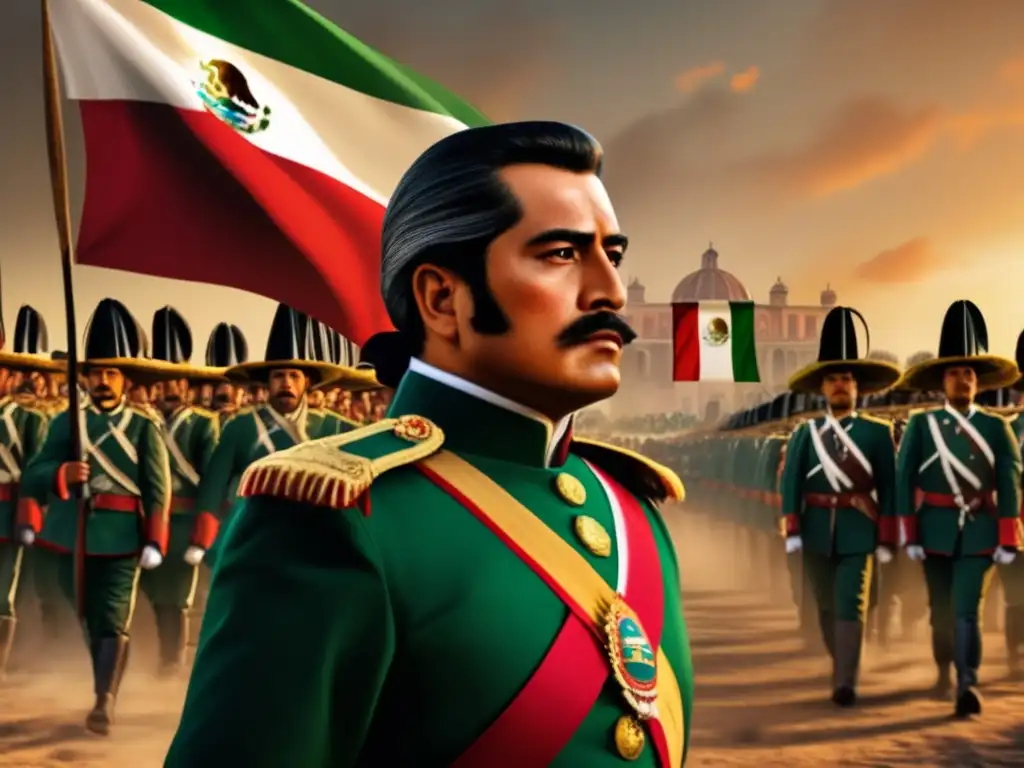 La imagen muestra una impresionante obra de arte digital moderna de Ignacio Zaragoza liderando el ejército mexicano en la Batalla de Puebla
