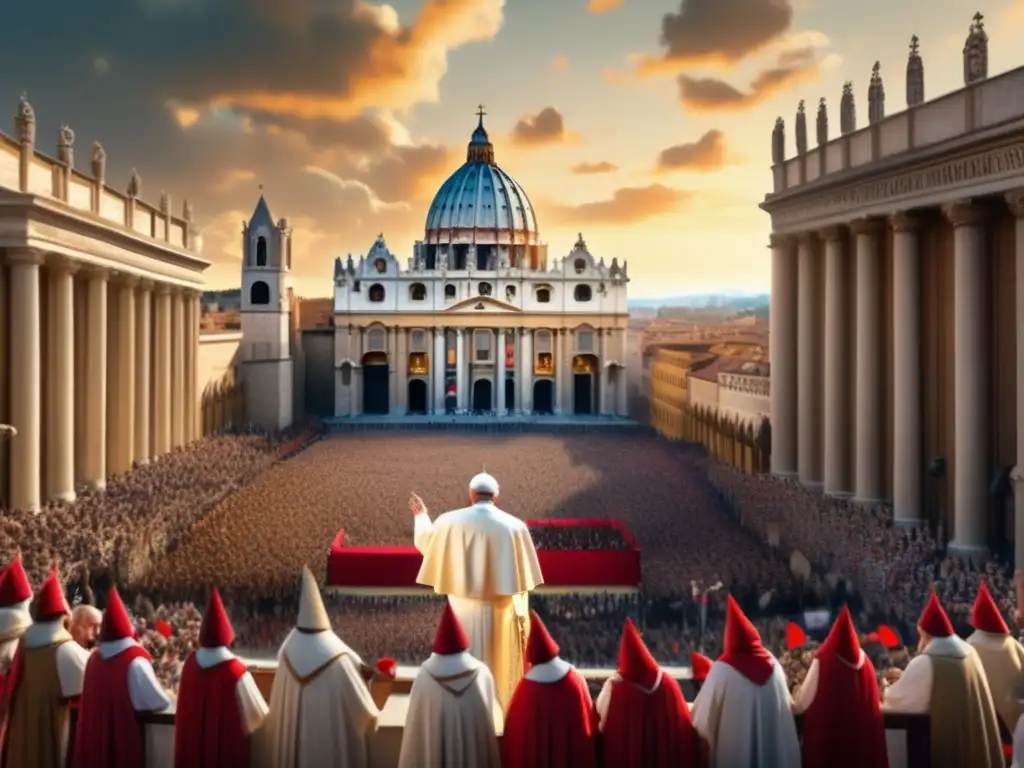 El fervor de las Cruzadas: Papa Urbano II y la multitud devota La imagen muestra la influencia del Papa Urbano II en las Cruzadas, con su apasionado discurso y la fervorosa multitud medieval
