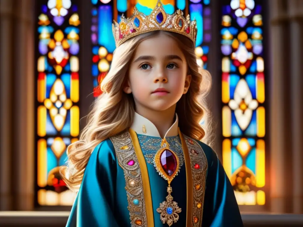 La imagen muestra la influencia de la princesa Isabel en Europa religiosa, con su expresión serena y poderosa frente a la catedral