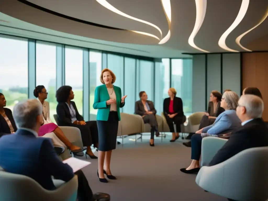 Una imagen de Carol Gilligan, ética influyente, escuchando con empatía a un grupo diverso en una sala de seminarios iluminada