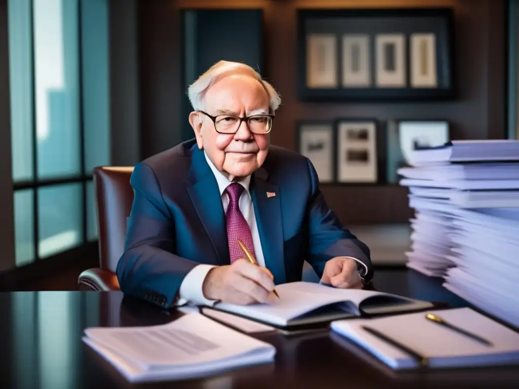 La imagen muestra a Warren Buffet revisando informes financieros en su moderna oficina, proyectando influencia y autoridad en finanzas