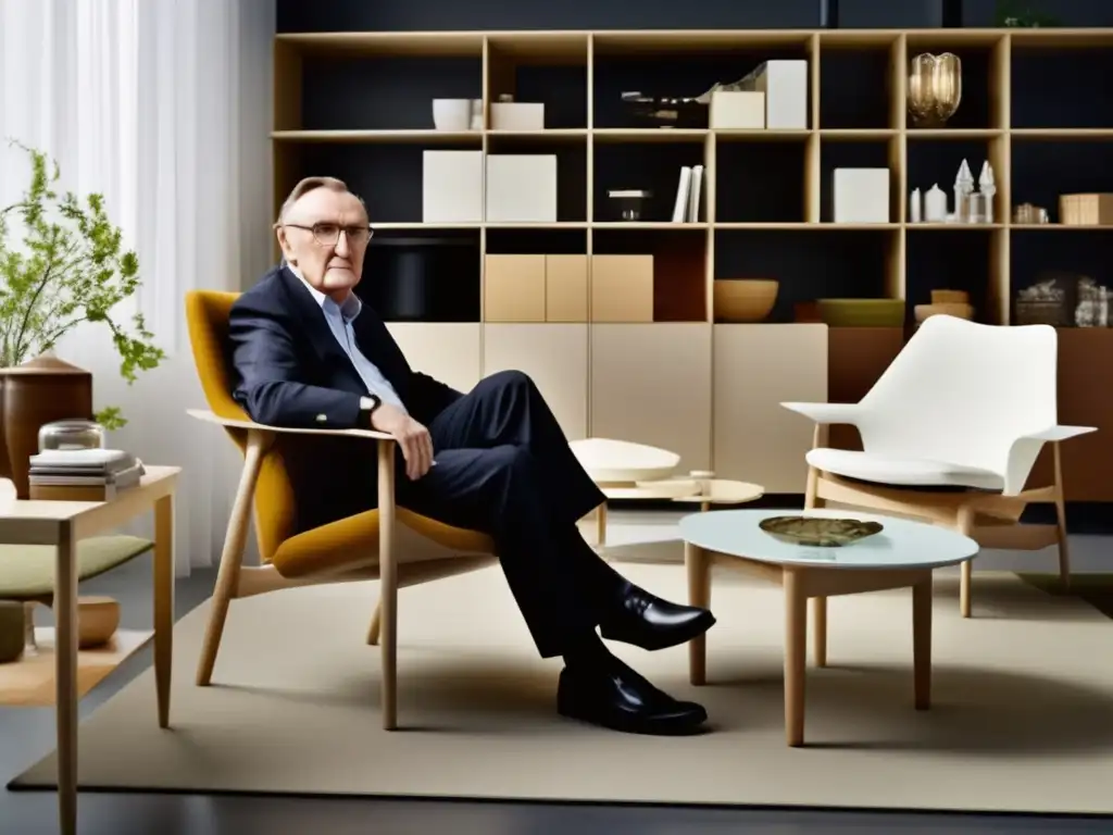 En la imagen, Ingvar Kamprad se sienta en una silla moderna rodeado de muebles cuidadosamente seleccionados de IKEA