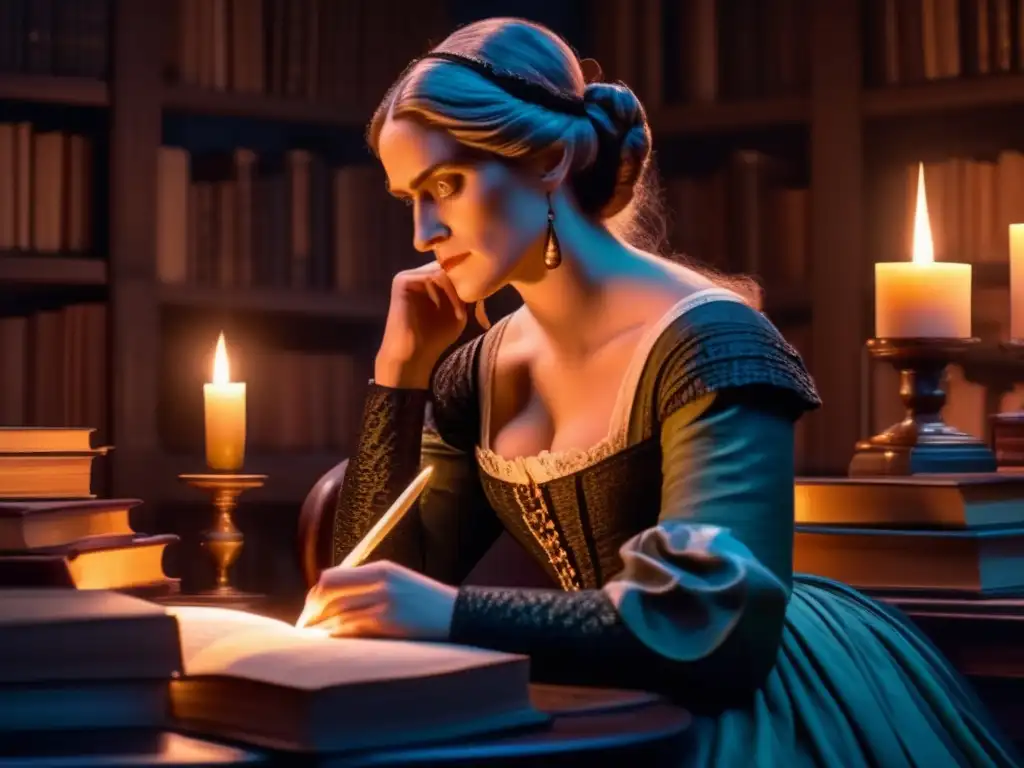 En la imagen, Mary Shelley está inmersa en la creación de Frankenstein en su escritorio, rodeada de libros y luz de velas