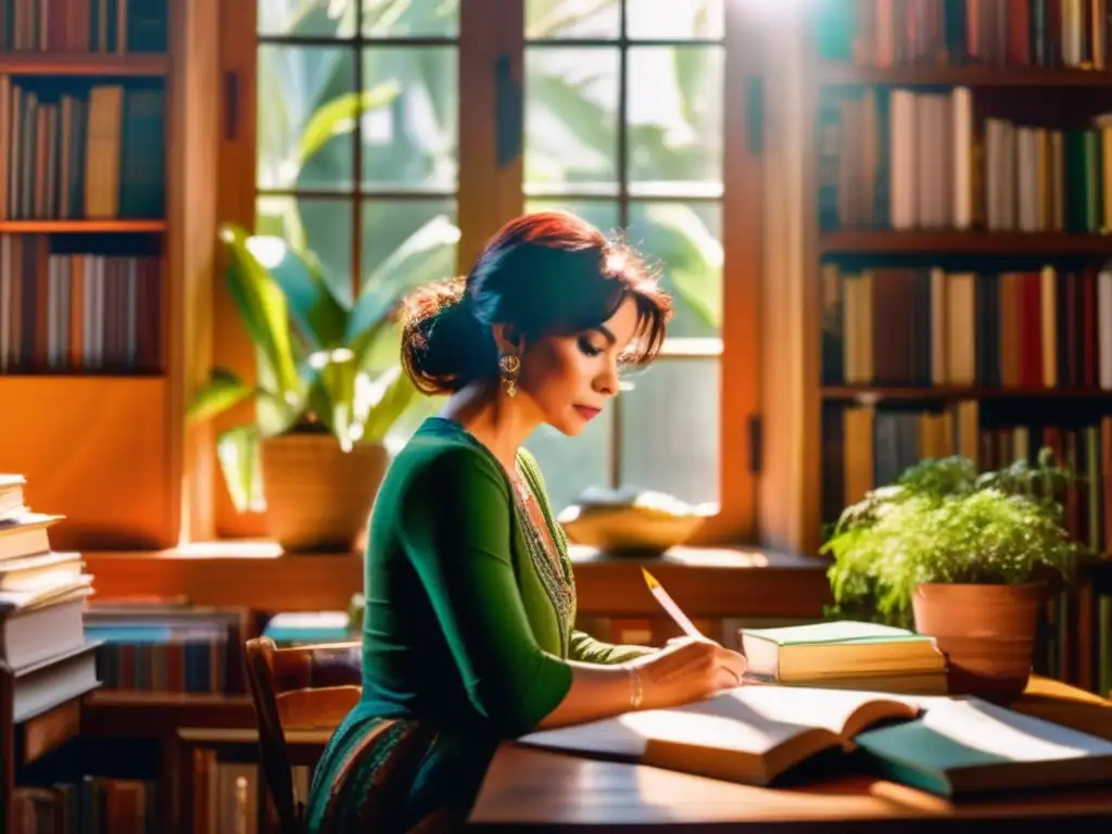 En la imagen, Isabel Allende está inmersa en la escritura en una habitación soleada llena de libros y plantas, evocando el realismo mágico de su obra
