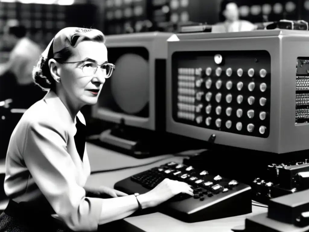 En la imagen, Grace Hopper está inmersa en su trabajo pionero en programación moderna, rodeada de maquinaria informática de la década de 1940
