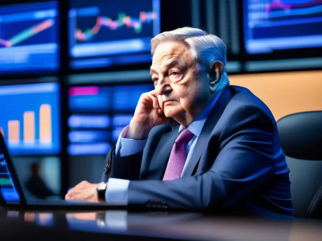 En la imagen, George Soros está inmerso en el análisis de tendencias del mercado financiero en una oficina moderna y vanguardista
