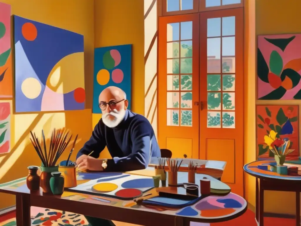 En la imagen, Henri Matisse está inmerso en su arte, rodeado de colores vibrantes y la luz del sol