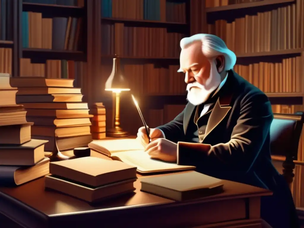 En la imagen, Victor Hugo se encuentra inmerso en la escritura, rodeado de libros, con una expresión intensa