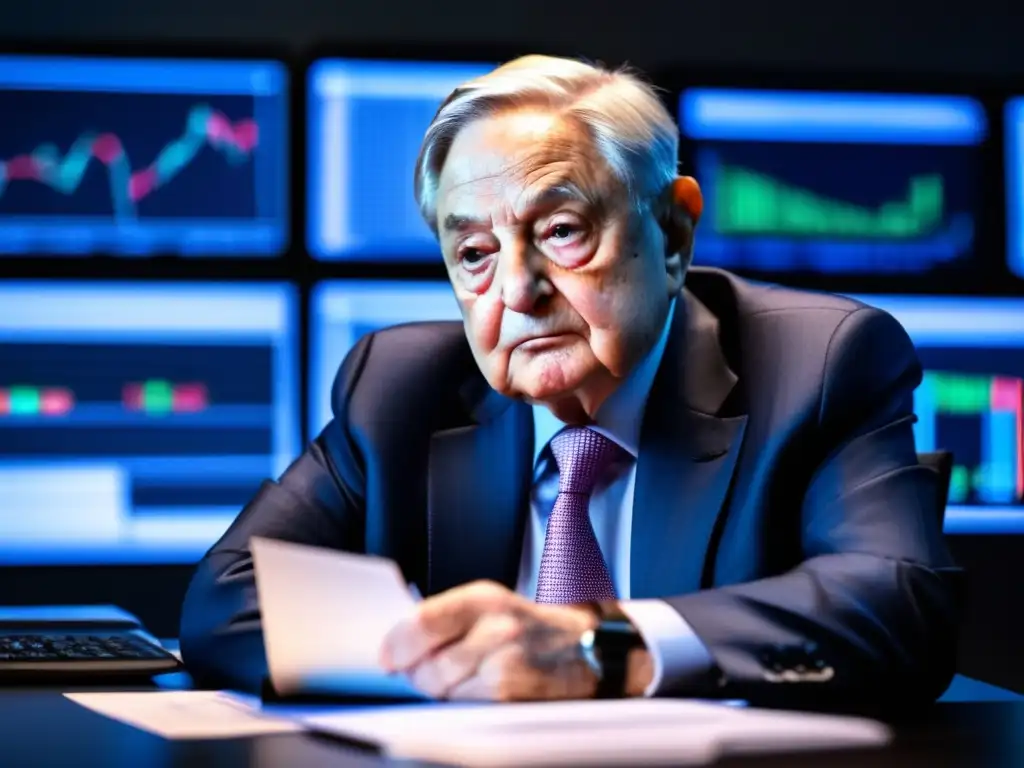 Una imagen de George Soros inmerso en sus estrategias de inversión, rodeado de pantallas con datos financieros