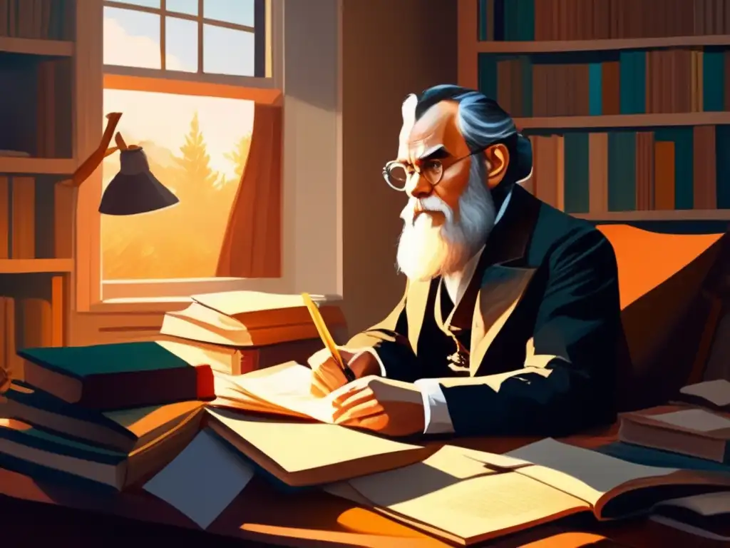 Leo Tolstoy: Retrato de pasión literaria En la imagen, Leo Tolstoy está inmerso en su estudio, rodeado de libros y papeles