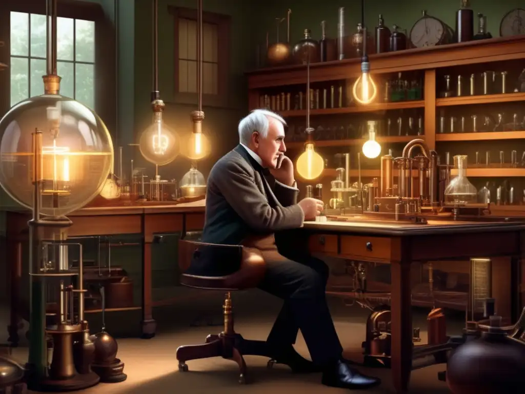 En la imagen, Thomas Edison se encuentra inmerso en su laboratorio, rodeado de inventos y equipo científico, reflejando su espíritu innovador