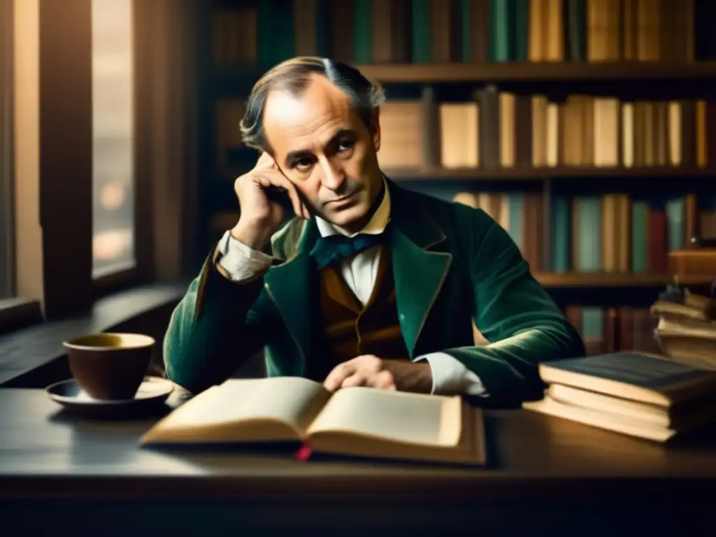 En la imagen, Charles Baudelaire está inmerso en sus pensamientos en un café tenue, rodeado de libros y materiales de escritura
