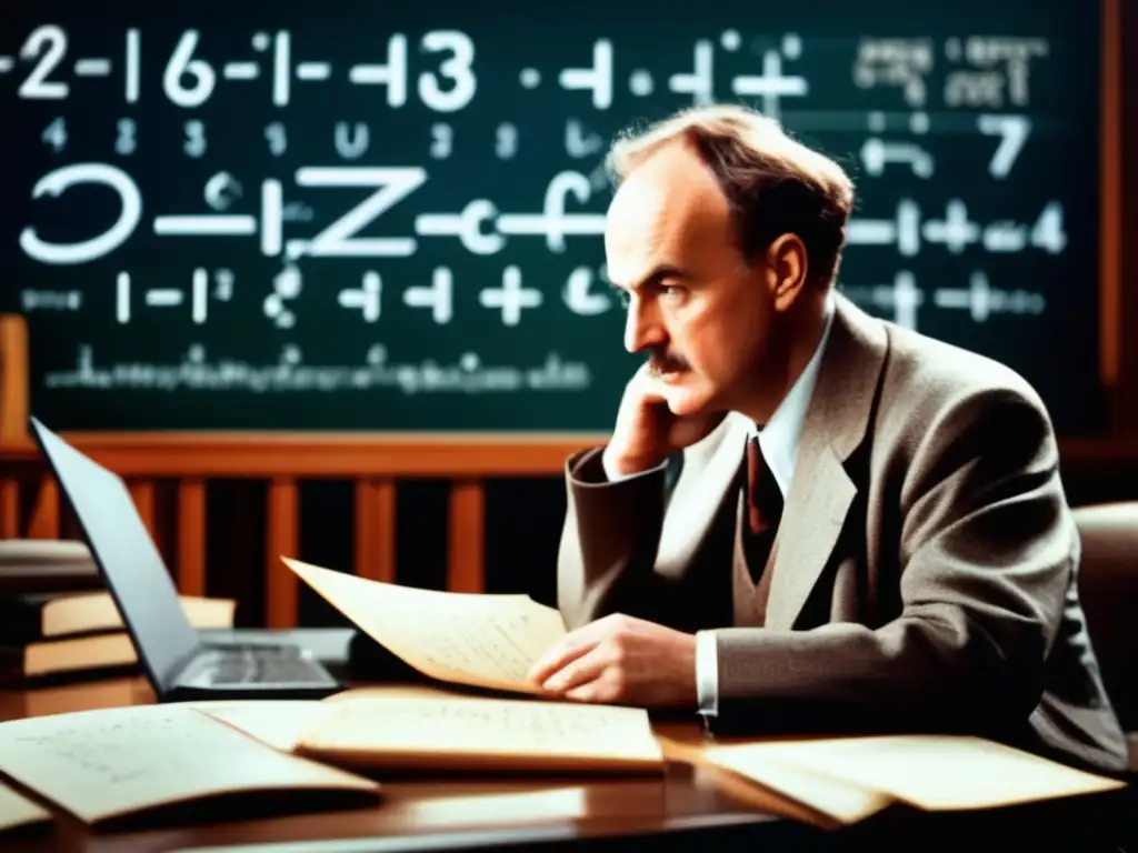 En la imagen, Paul Dirac está inmerso en sus pensamientos, rodeado de ecuaciones y símbolos matemáticos en su estudio