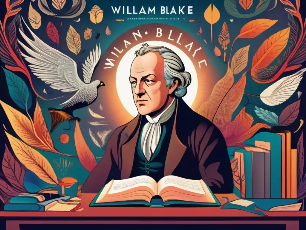En la imagen se representa a William Blake vidente, inmerso en su proceso creativo rodeado de su arte y poesía, con una expresión contemplativa