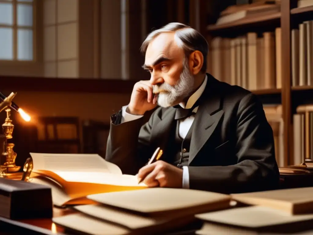 Una imagen de alta resolución de Alfred Nobel, inmerso en su trabajo en un ambiente creativo y lleno de innovación