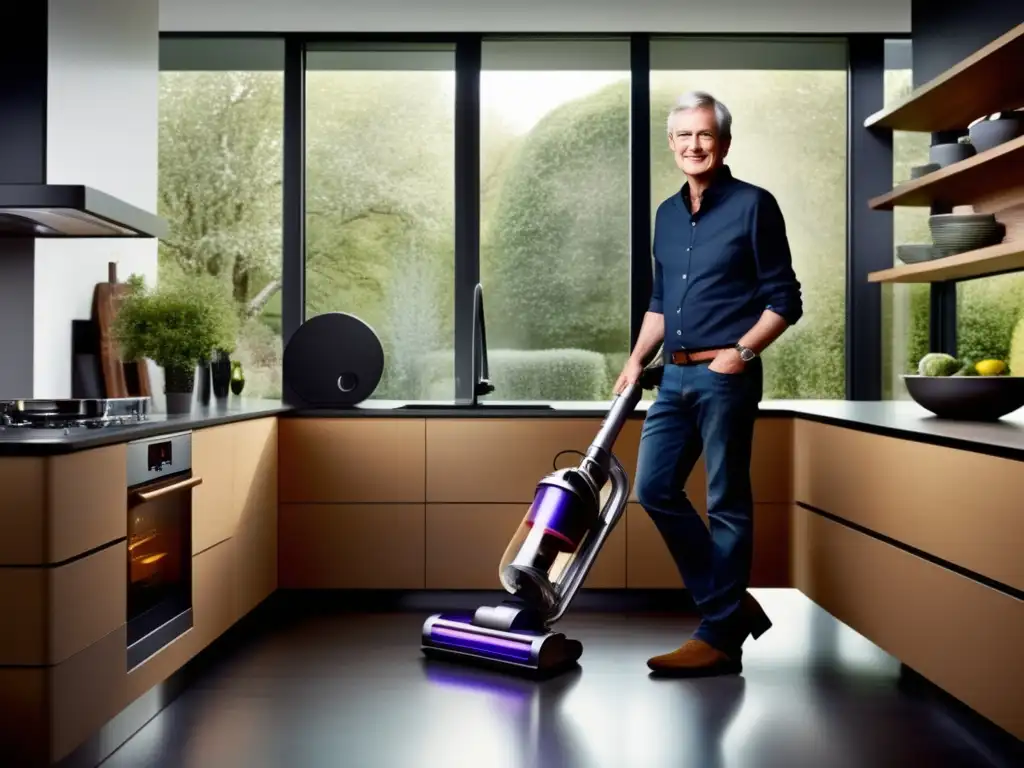 En la imagen, James Dyson presenta sus innovaciones de electrodomésticos en una cocina moderna y elegante, rodeado de sus productos de alta tecnología